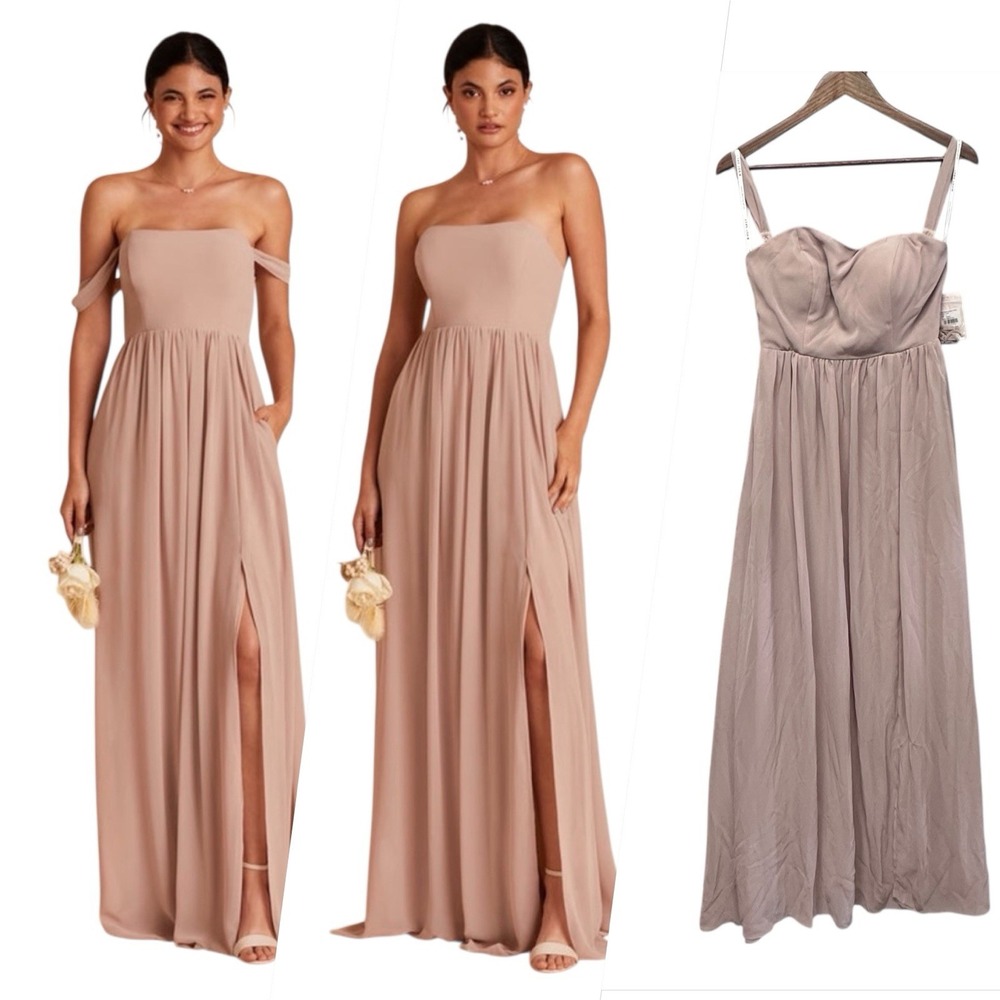 Birdy Grey Chiffon Taupe Formal Bridesmaid Maxi Dress Womens Sz S High Slit‎ Aug